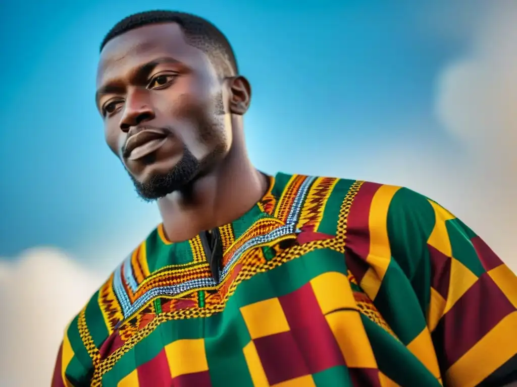 Detallada fotografía de cerca de tela Kente de Ghana, resaltando colores y formas