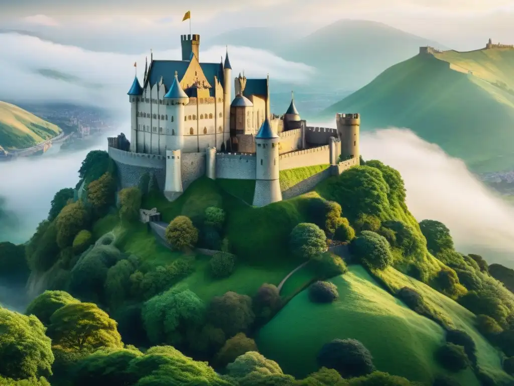 Ilustración detallada del mítico reino de Prester Juan, con un majestuoso castillo medieval rodeado de criaturas míticas y comerciantes exóticos