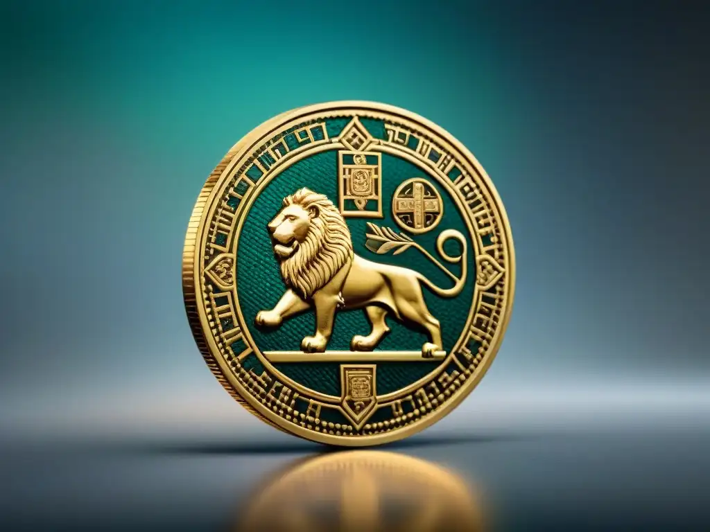 Detallada moneda dorada del Reino de Aksum con un león y una cruz, reflejando el sistema monetario en reinos africanos