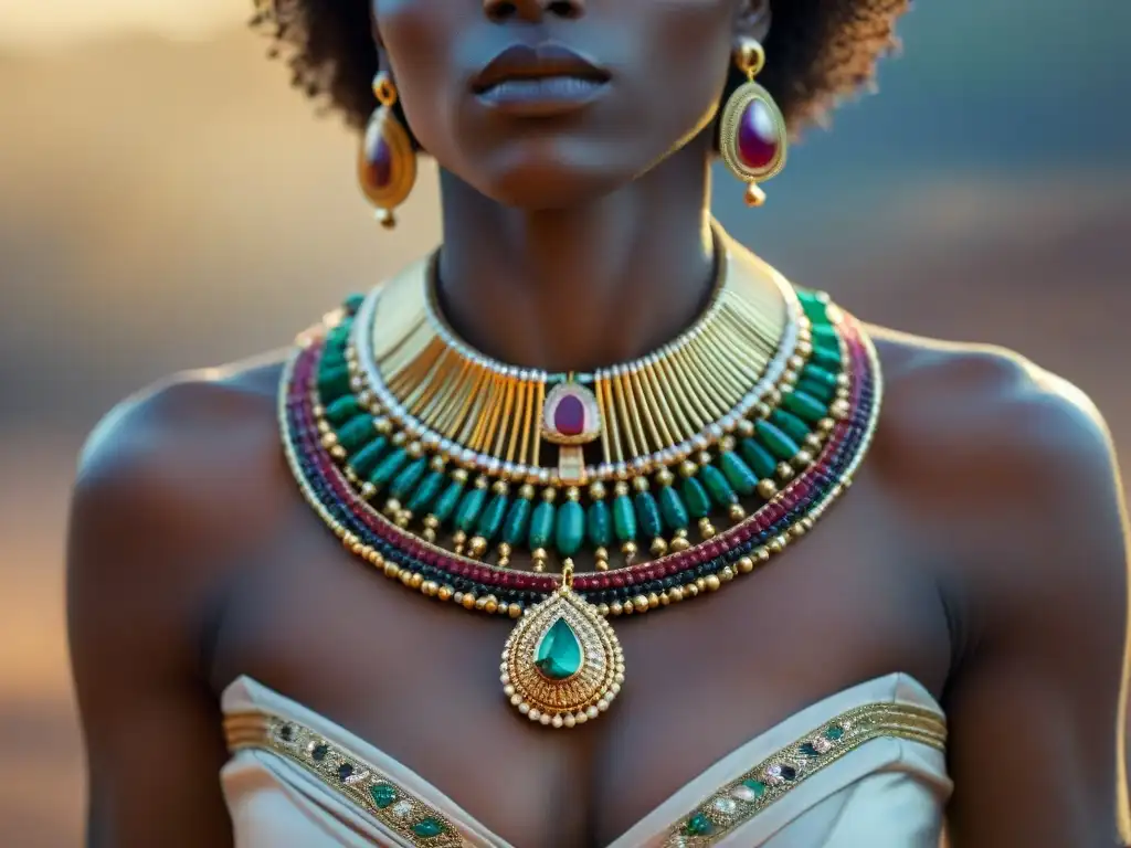 Una detallada orfebrería en rituales africanos significado: collar ritual africano con oro, plata, cobre y piedras preciosas