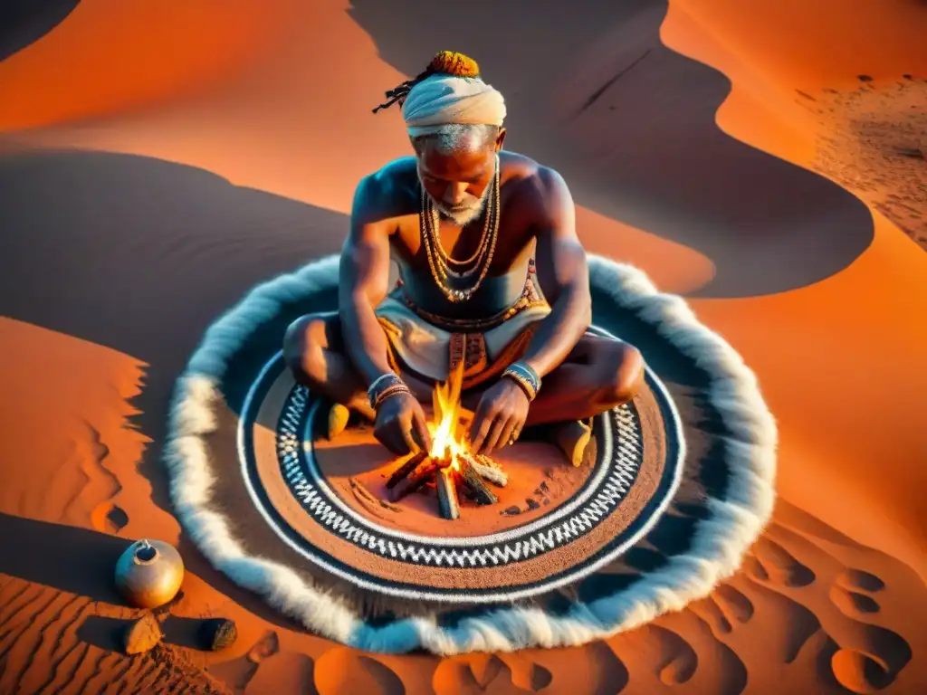 Una detallada pintura de arena de una sesión de cuentacuentos tradicional en el desierto, reflejando la narrativa visual en culturas africanas