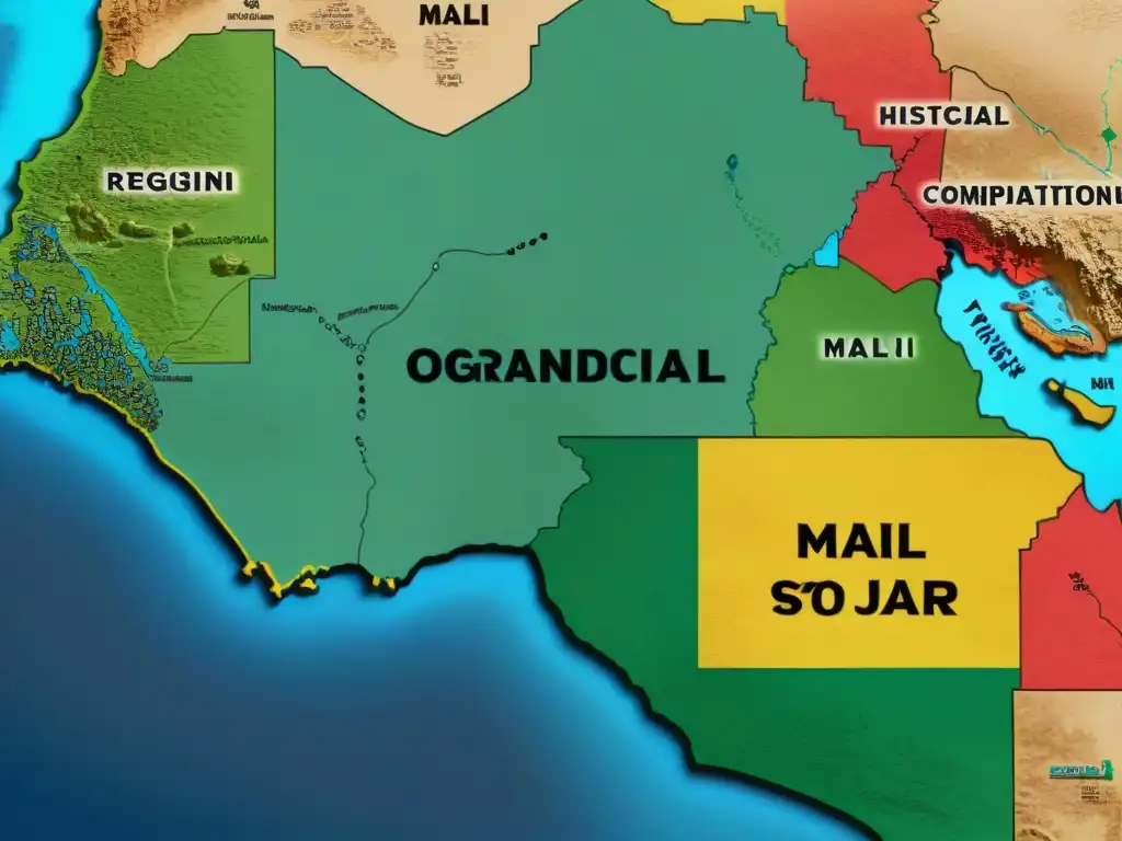 Ilustración detallada de la organización política del antiguo Imperio de Mali, con mapas, ciudades clave y jerarquía