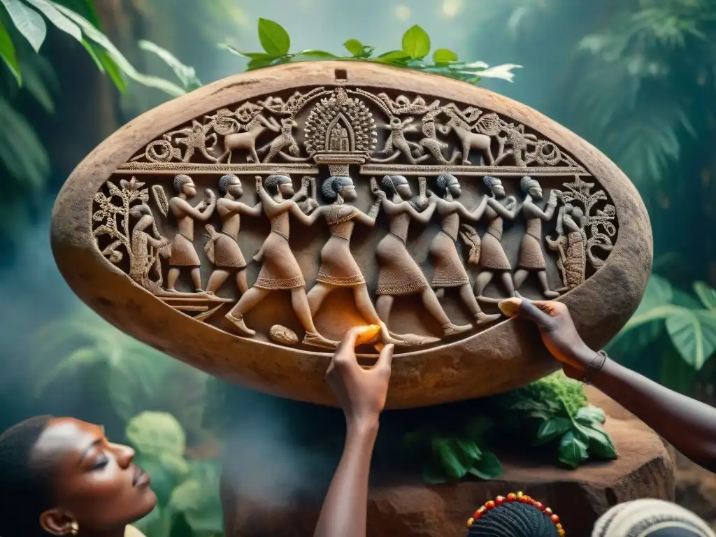 Representación detallada de una talla en roca de una antigua civilización africana, escena religiosa entre exuberante vegetación