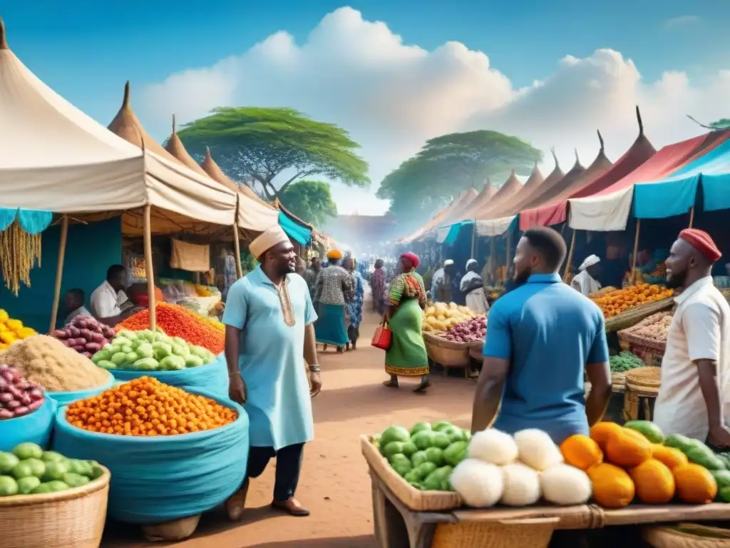 Ilustración detallada y vibrante de un bullicioso mercado africano, con variedad de personas y coloridas tiendas de artesanías y productos