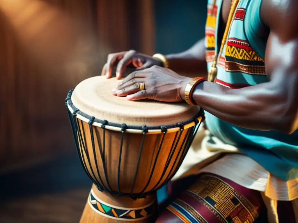 Detallado close-up de un tambor Djembe africano, mostrando intrincados grabados