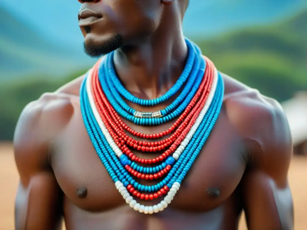 Detallado collar Masai de cuentas en rojo, azul y blanco, resaltando el significado cultural de la joyería africana