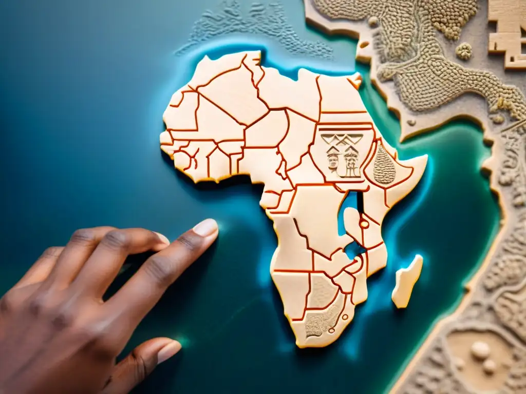 Detallado mapa africano esculpido en piedra, destacando la avanzada cartografía de civilizaciones africanas antiguas