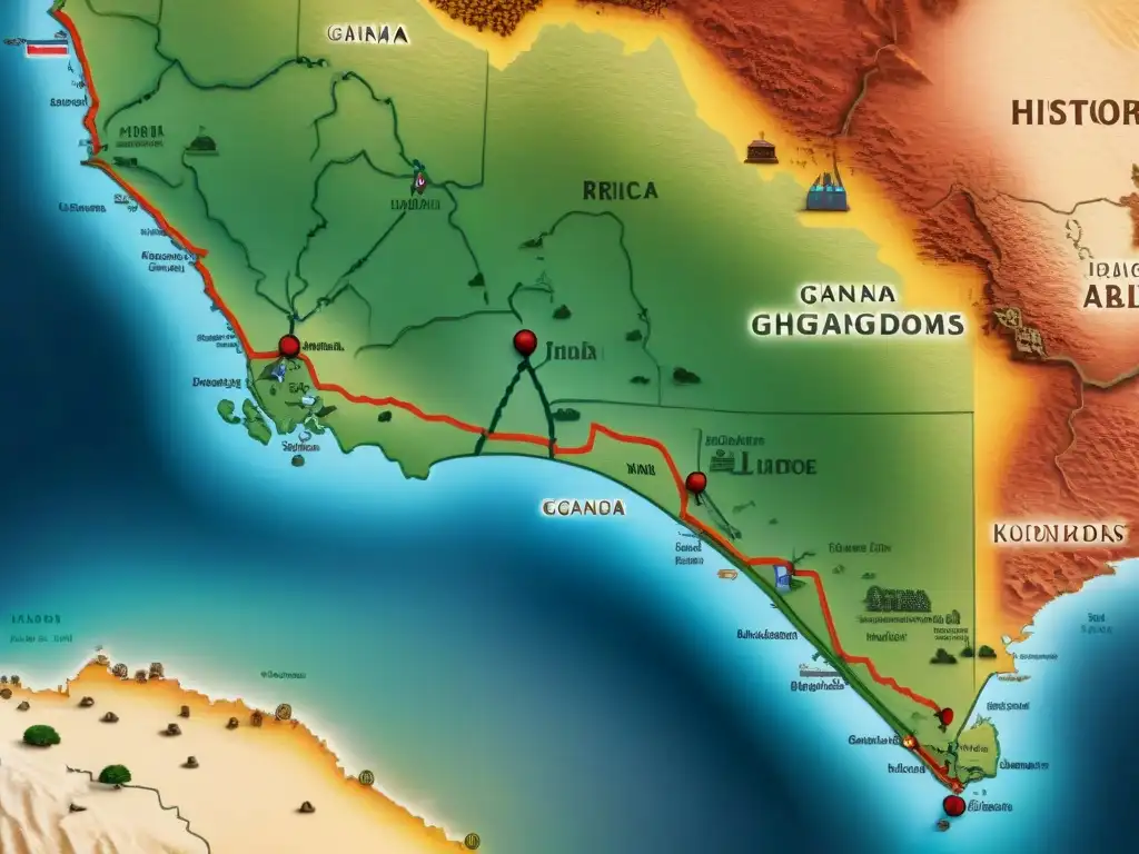 Detallado mapa histórico de rutas comerciales entre reinos africanos, destacando la diplomacia y estrategias