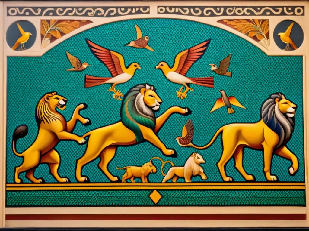 Detallado mosaico griego con leones, elefantes y aves