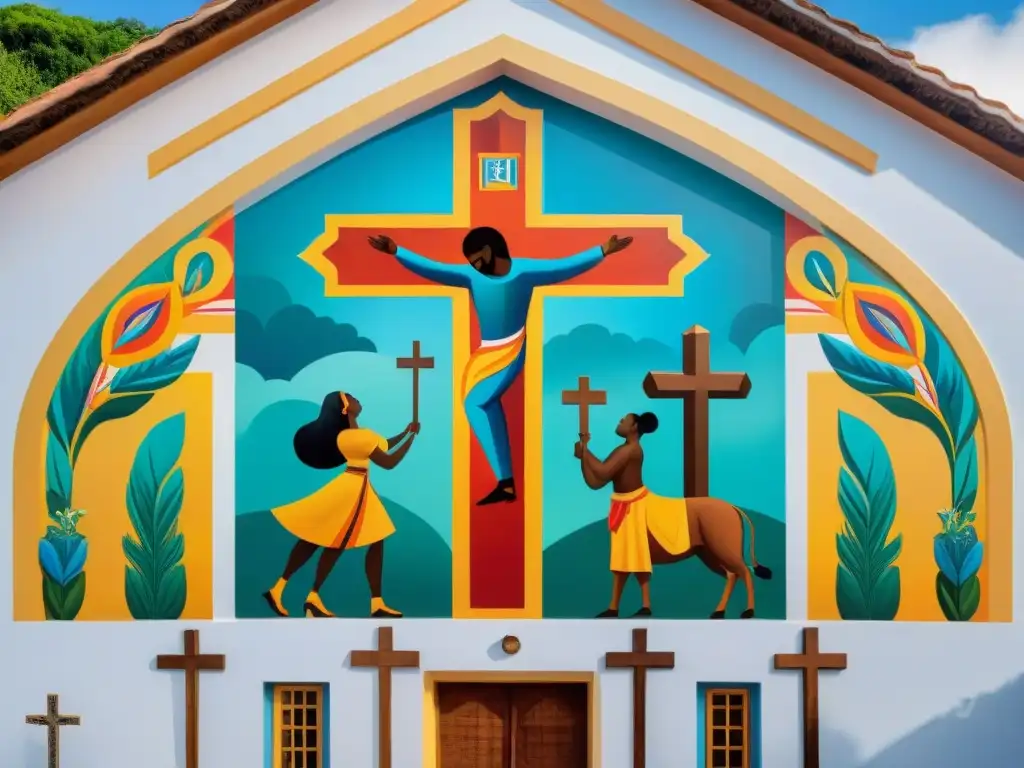 Detallado mural con sincretismo religioso: esclavos africanos y Orishas en iglesia histórica de Brasil