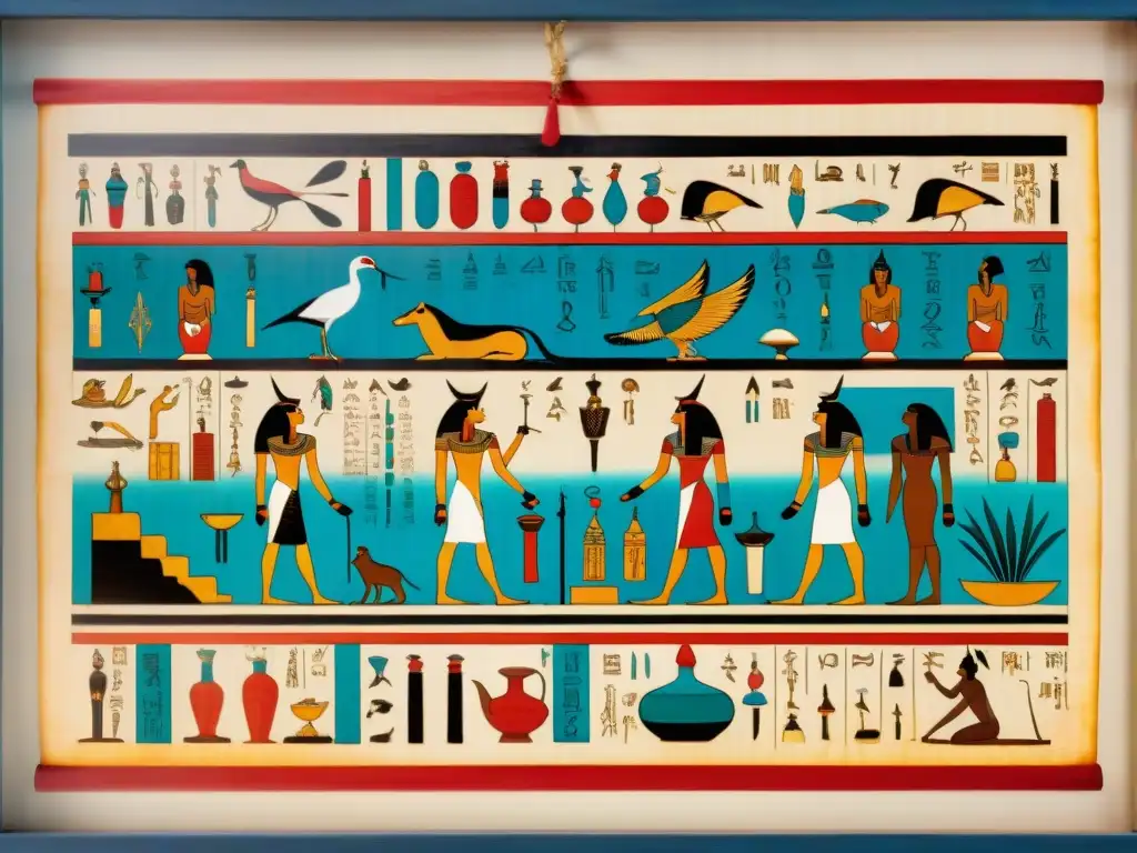 Detallado papiro ilustrado de medicina antiguo Egipto Nubia, fusionando magia y ciencia