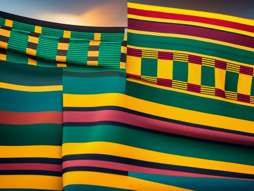 Detallado tejido Kente de Ghana, destacando colores y patrones que representan el arte textil de civilizaciones africanas