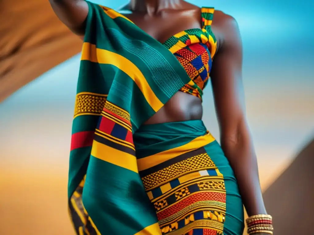 Detallado tejido Kente resaltando colores vibrantes y patrones complejos, representaciones de la feminidad africana