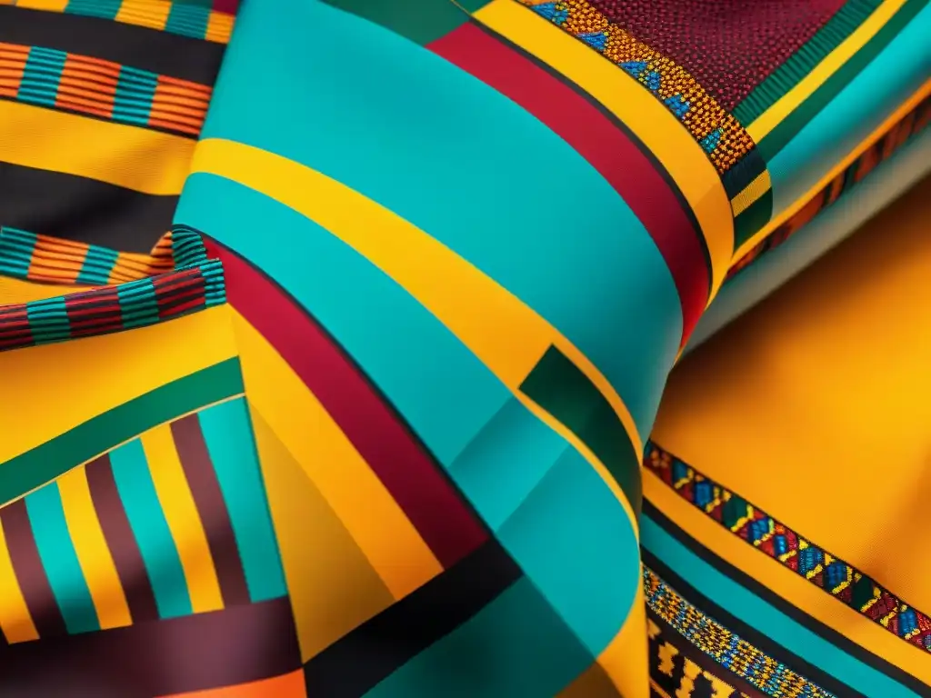 Detallado tejido Kente de Ghana, con patrones geométricos vibrantes y colores ricos, destaca el simbolismo de los textiles africanos