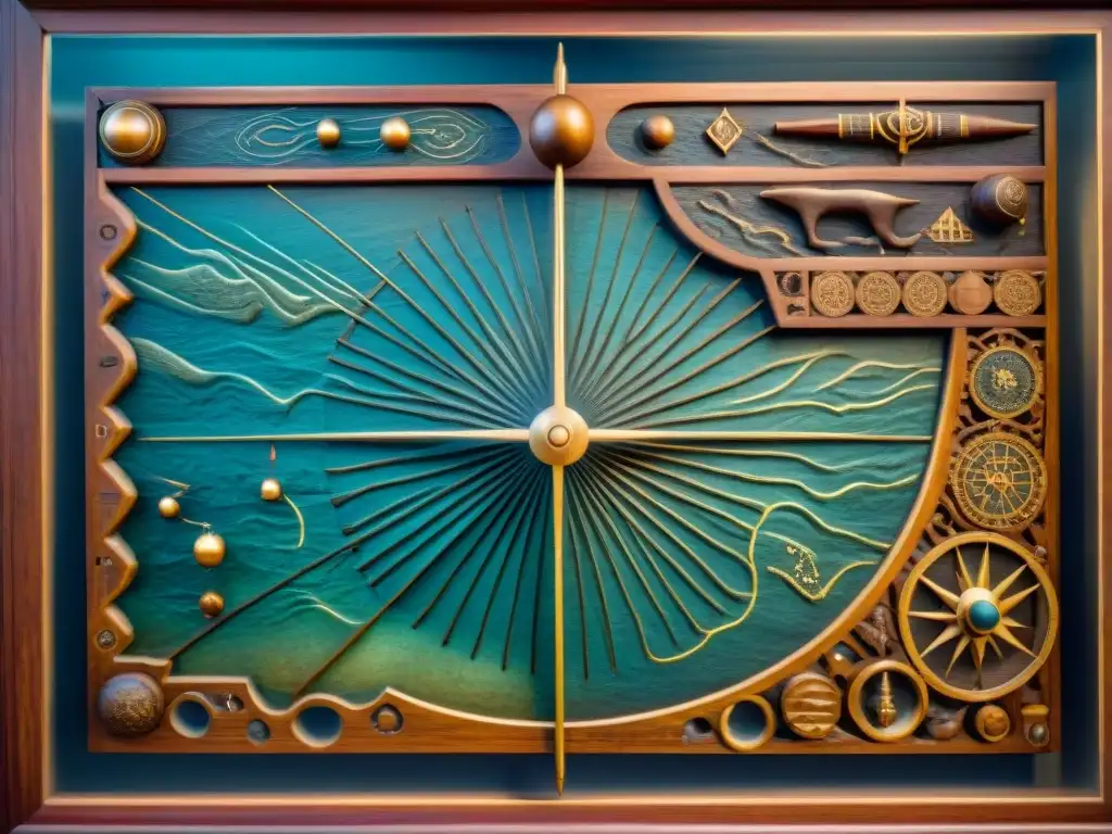 Detalle de una antigua carta de navegación africana en madera, examinada por diversos académicos con expresiones de admiración