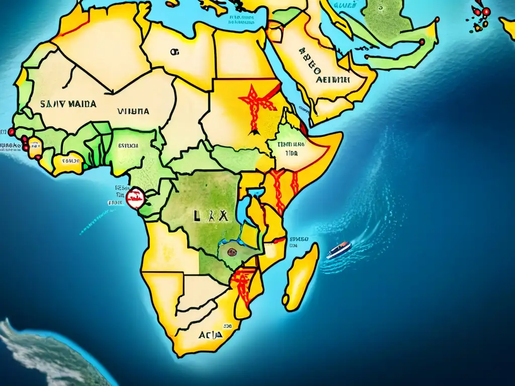 Detalle de un antiguo mapa histórico del complejo y detallado sistema de rutas del comercio de esclavos en África