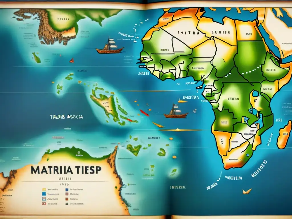 Detalle de antiguo mapa marítimo del siglo XVII con naufragios africanos influenciando el comercio entre África y Asia