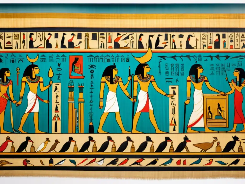 Papiro egipcio antiguo: escenas místicas y dioses Detalle de un antiguo papiro egipcio con jeroglíficos religiosos y misteriosos