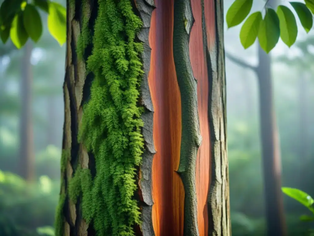 Detalle del árbol de Yohimbe: corteza rojiza con patrones naturales y textura rugosa