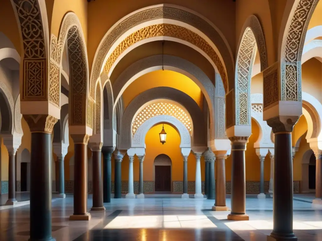 Detalle de arcos en la Mezquita de Córdoba, resplandeciendo bajo la luz dorada, destacando el legado africano en Al-Andalus