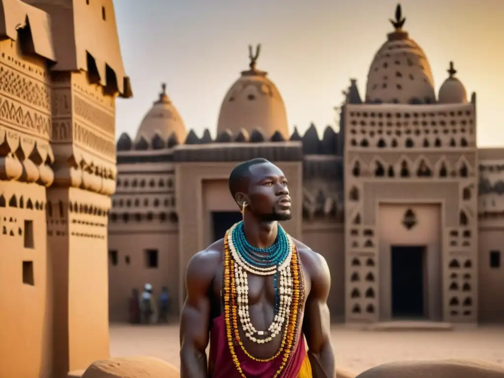 Detalle arquitectónico de la Gran Mezquita de Djenné al atardecer, reflejando la influencia global de las civilizaciones africanas