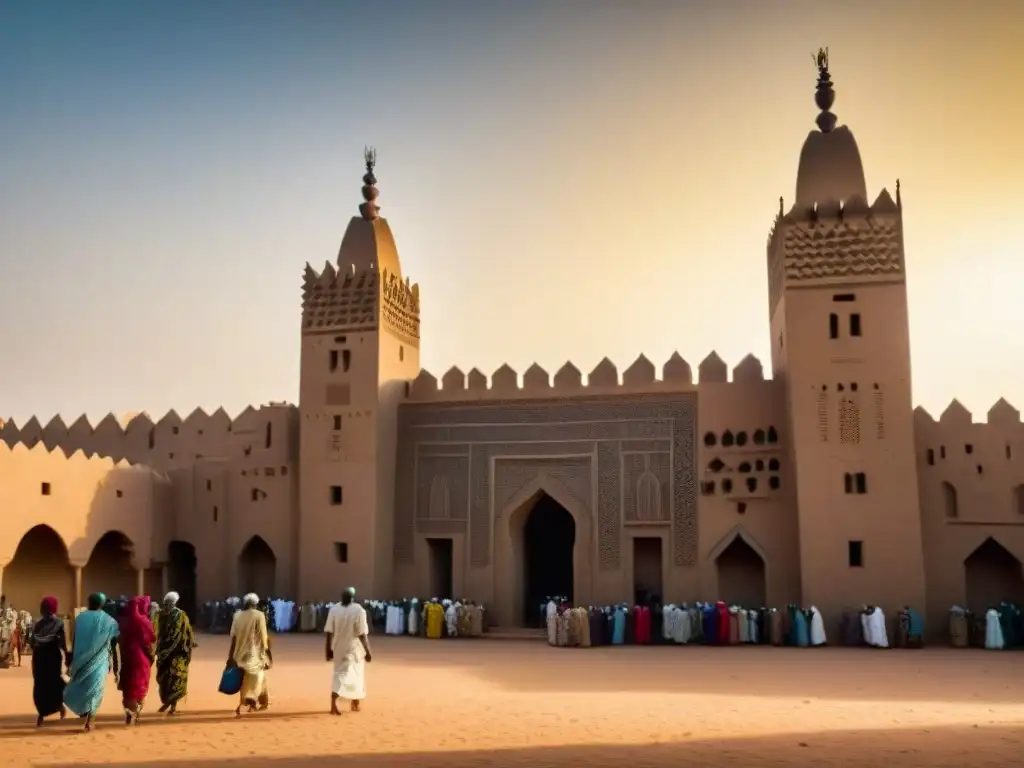 Detalle arquitectónico de la Gran Mezquita de Djenné en Mali, con estructura de adobe, minaretes altos y puestos de mercado