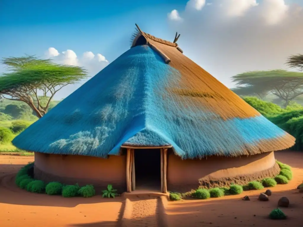 Detalle de la arquitectura africana en entorno natural: cabaña de barro con techo de paja y decoraciones, rodeada de naturaleza exuberante