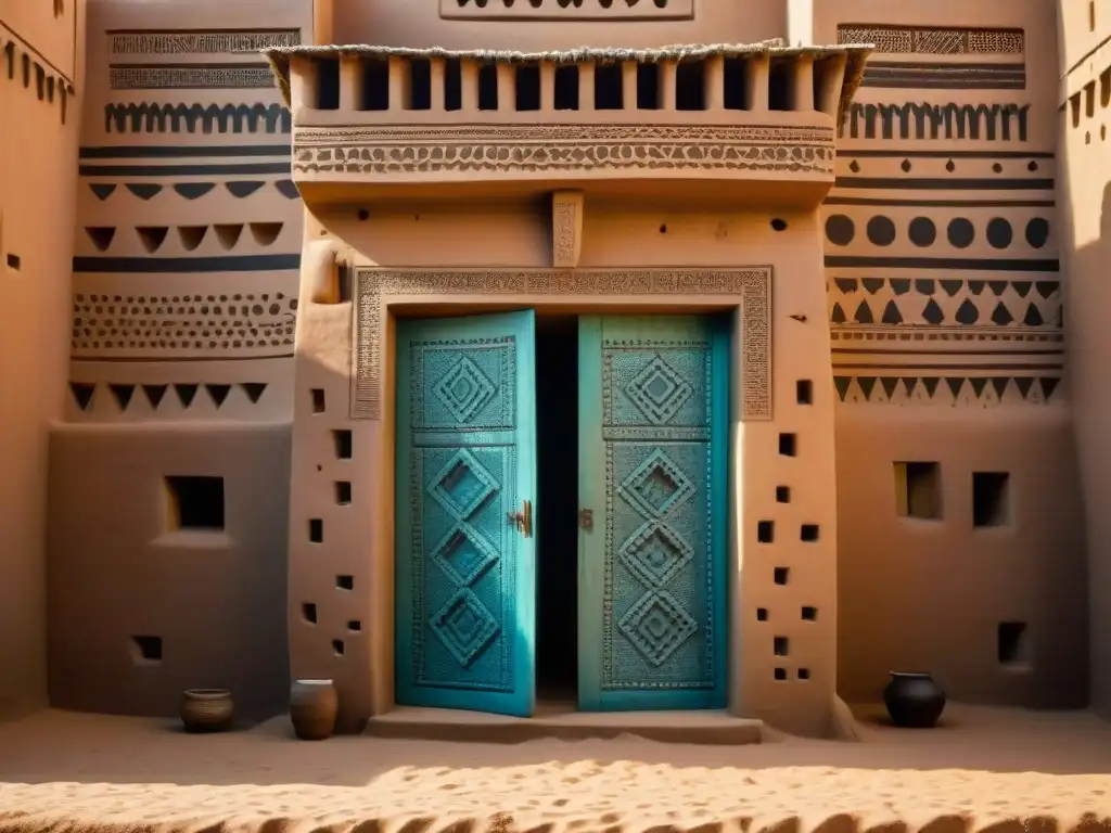 Detalle de la arquitectura de barro en Djenné: patrones geométricos, tallas ornamentales y puertas de madera, bajo el sol africano