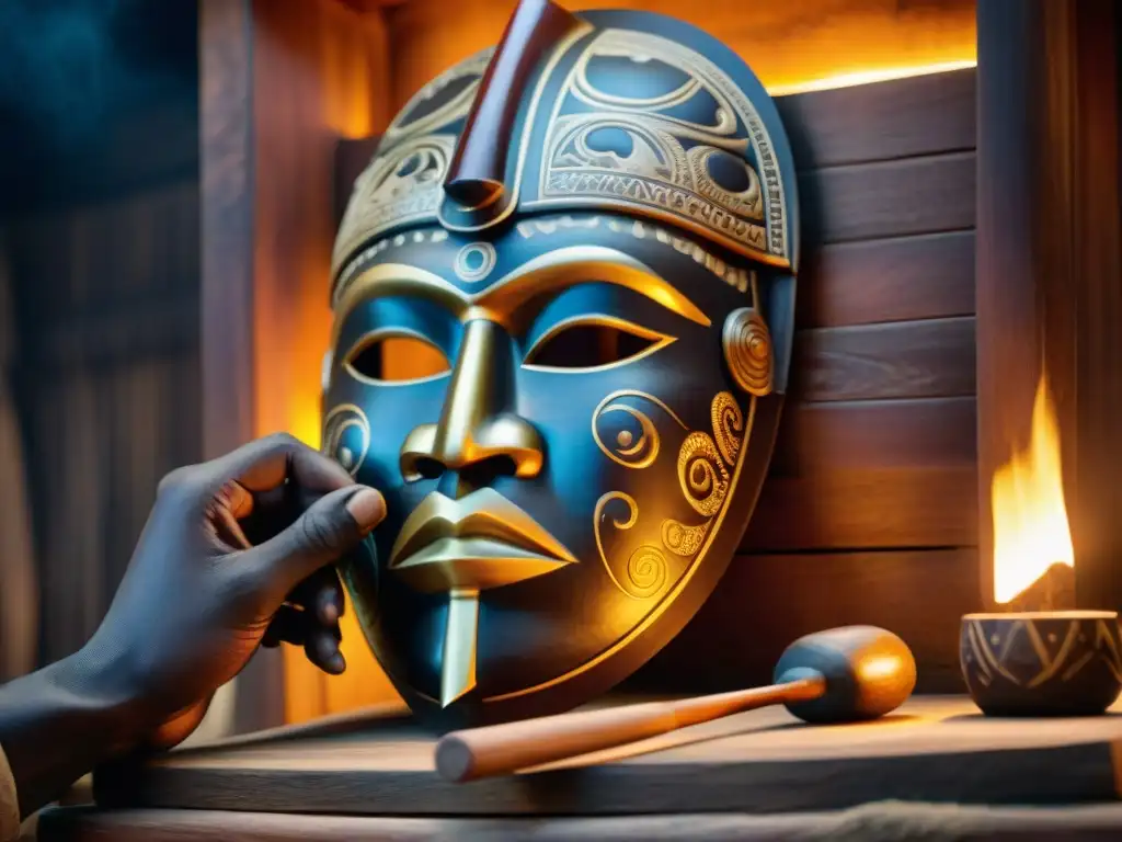 Detalle artesanal de una máscara ceremonial Kongo tallada con precisión por un hábil artesano en un taller iluminado cálidamente