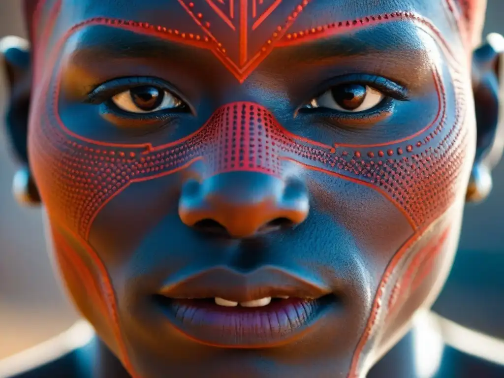 Detalle asombroso de escarificaciones en rostro de joven de tribu africana remota