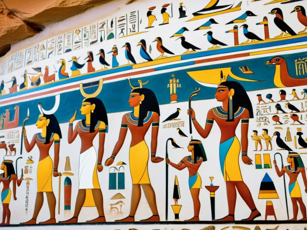 Hieroglíficos de la tumba de Nefertari: arte egipcio detallado Detalle asombroso de las intrincadas jeroglíficos en la tumba de Nefertari, Maravillas del Antiguo Egipto influencia