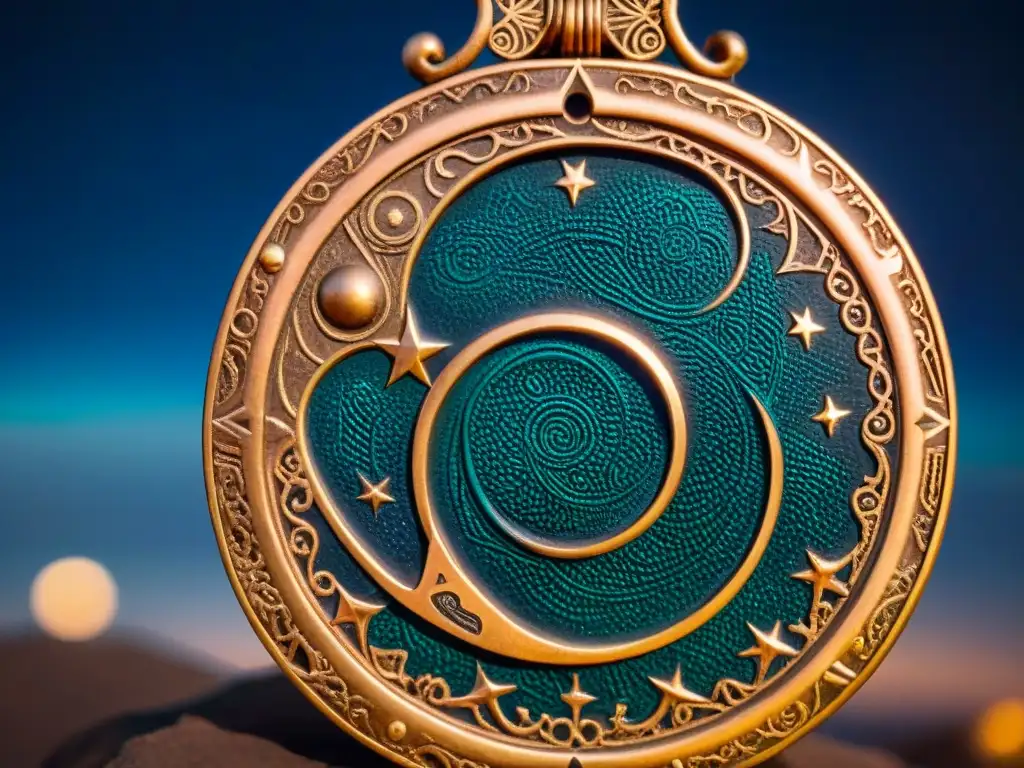 Detalle de un astrolabio antiguo del Cuerno de África con símbolos celestiales grabados, bajo un cielo estrellado