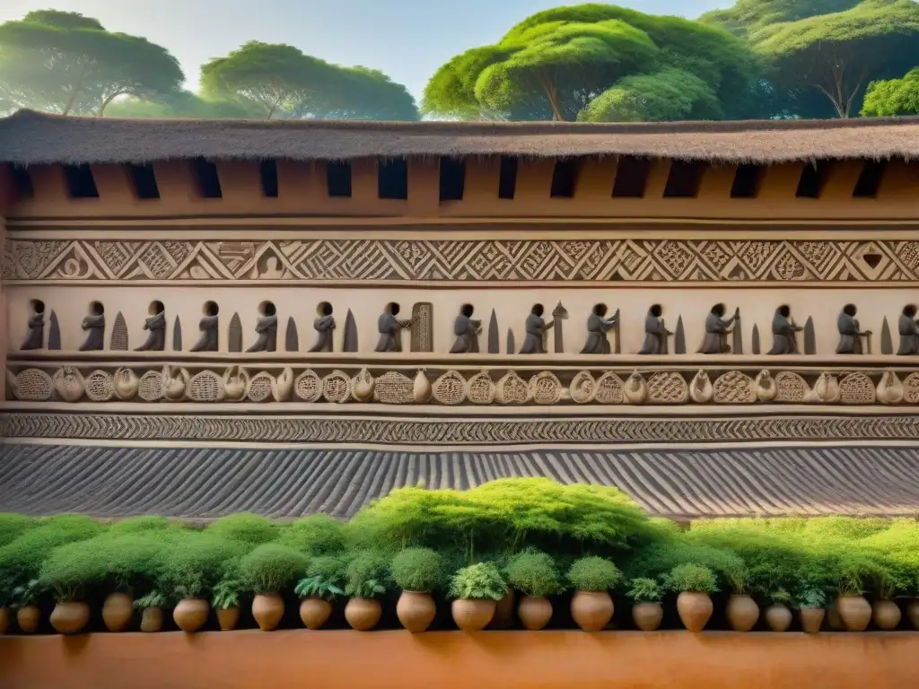 Detalle de los bajorrelieves en los Palacios Reales de Abomey Dahomey, mostrando eventos históricos y símbolos culturales