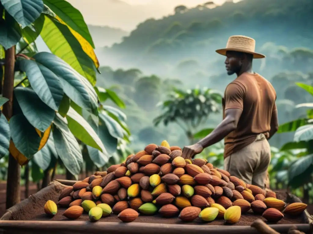 Detalle de recolección de cacao en África: manos expertas cosechan vainas bajo el sol vibrante