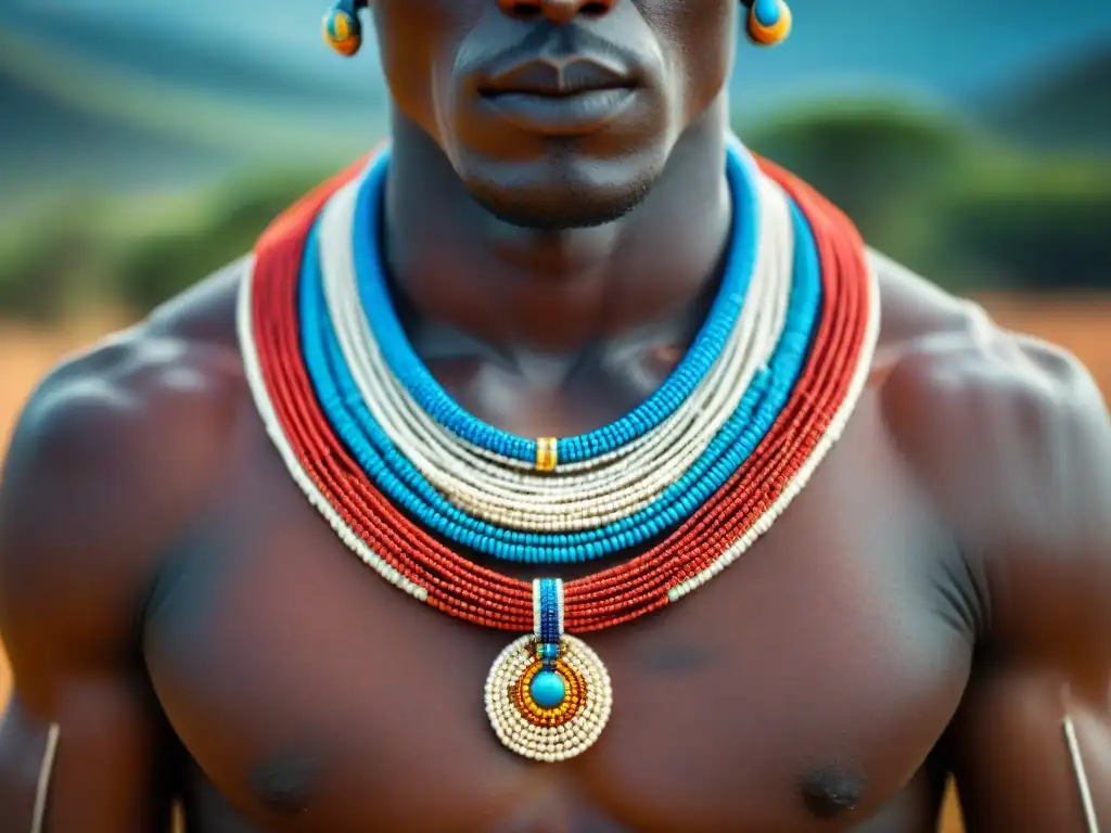 Detalle de collar Maasai con cuentas rojas, azules y blancas, joyería inspirada en civilizaciones africanas