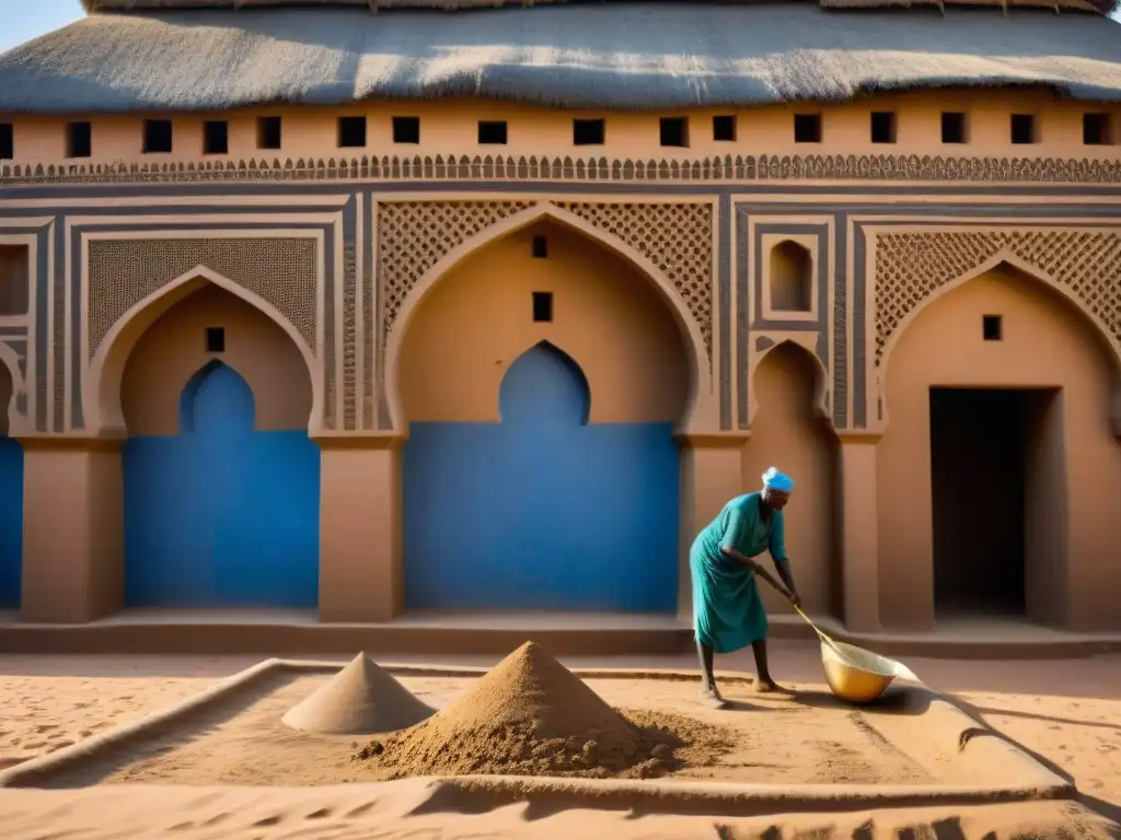 Detalle de la construcción de arquitectura de barro en Djenné, Mali, resaltando técnicas tradicionales y belleza cultural