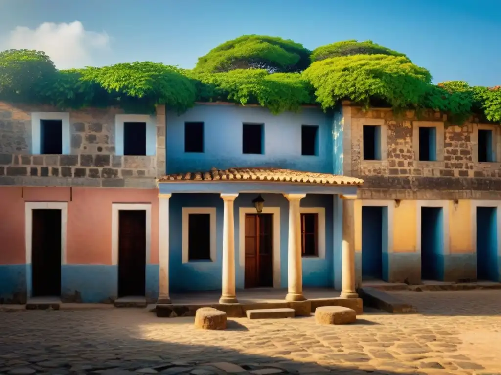 Detalle de la histórica 'Casa de los Esclavos' en Isla Gorée, mostrando la historia en sus paredes de piedra y vista al océano Atlántico