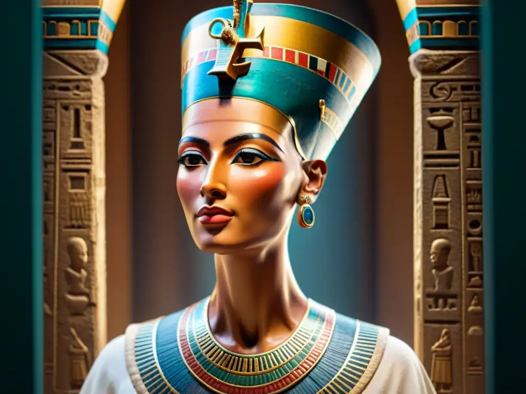 Detalle excepcional del busto de la Reina Nefertiti, resalta su belleza atemporal y la influencia global de los reyes y reinas africanos