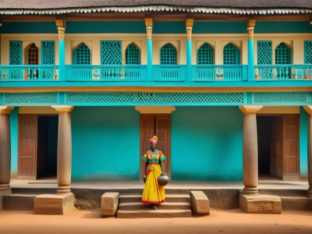 Detalle excepcional de las casas palaciegas de Camerún en el Palacio Fon en Bafut, mostrando ricos motivos y colores vibrantes