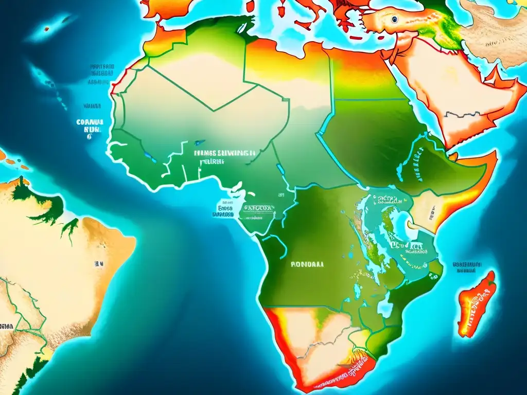 Detalle excepcional del mapa histórico con rutas comerciales entre África y Oriente, destacando estrategias políticas de sultanes