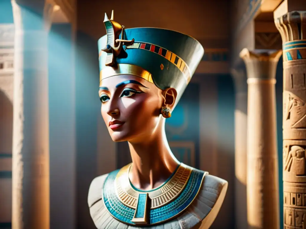 Detalle excepcional de la icónica escultura de la reina Nefertiti, irradiando poder y elegancia en un entorno egipcio