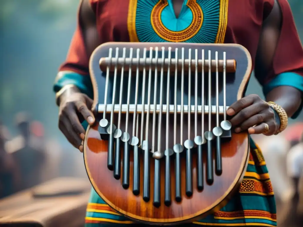 Detalle exquisito de un Mbira africano con colores vibrantes y símbolos tallados