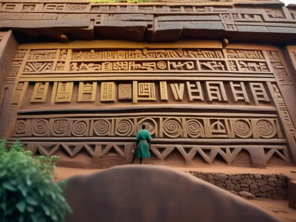 Detalle fascinante de las inscripciones antiguas en las iglesias de Lalibela, Etiopía, bañadas por la cálida luz dorada del amanecer