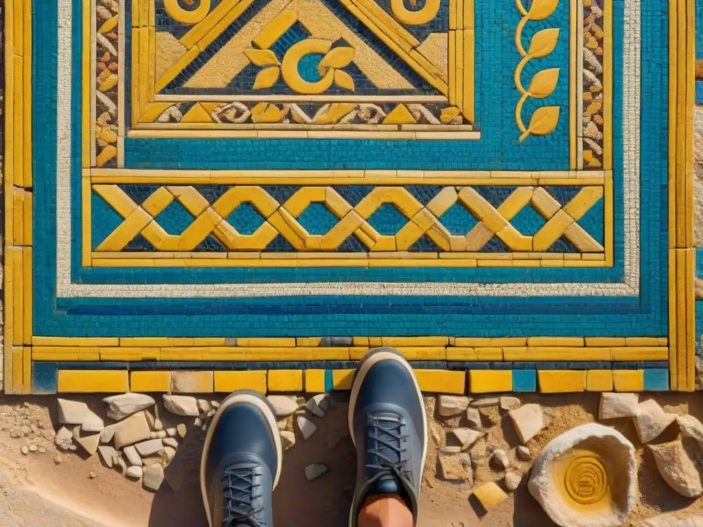 Detalle fascinante de mosaicos antiguos en villa romana de Leptis Magna, reflejando la sofisticación artística de la Antigua Libia ciudades perdidas