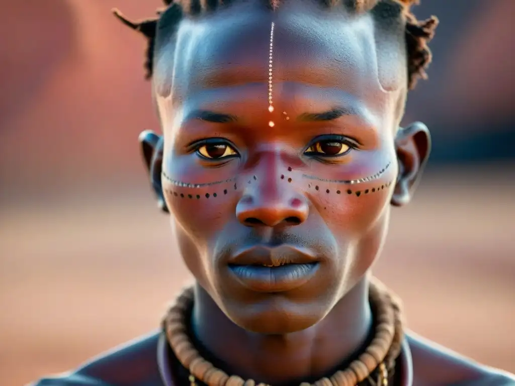 Detalle geométrico de práctica escarificado en rostro Himba, Namibia