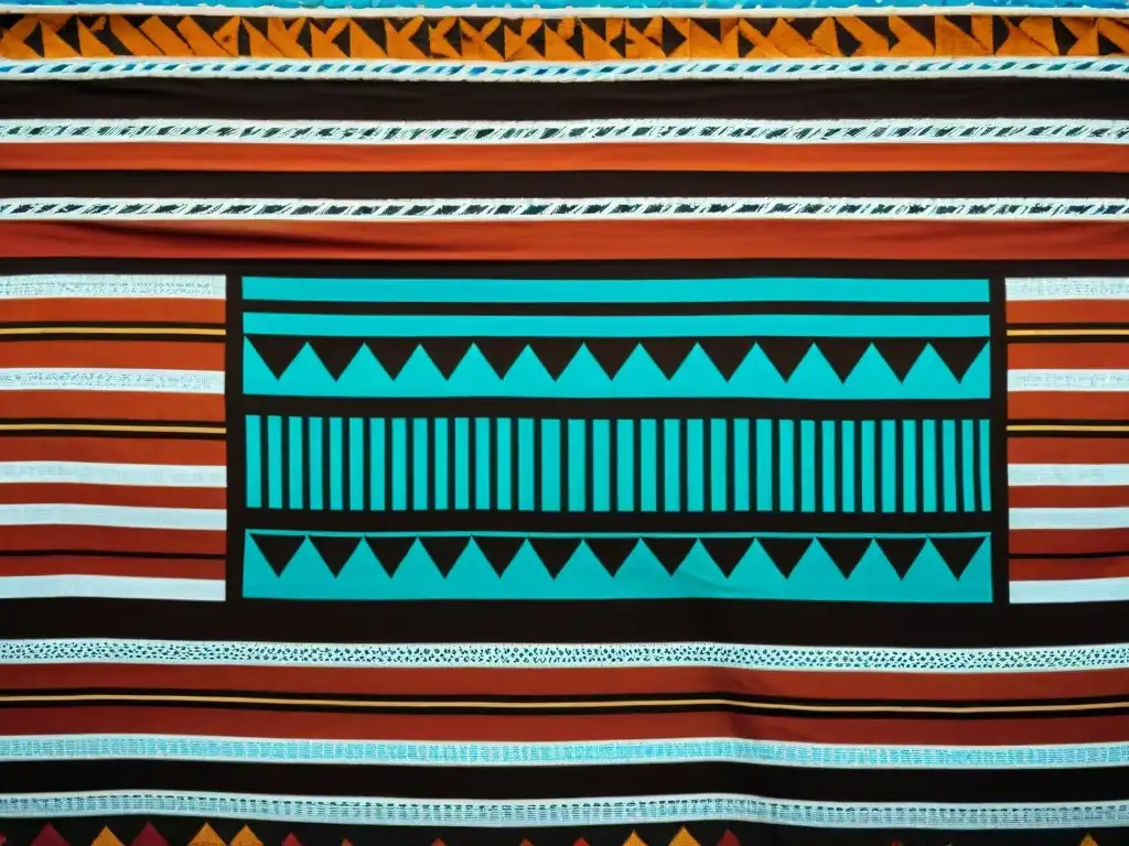 Detalle geométrico de un tejido africano tradicional, resaltando la simetría y colores vibrantes