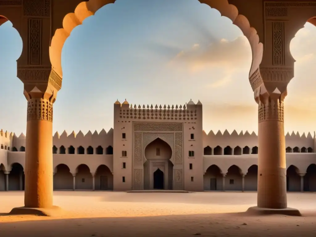 Detalle de la Gran Mezquita de Djenné en Mali, con su arquitectura inspirada en África y bullicioso mercado en la base