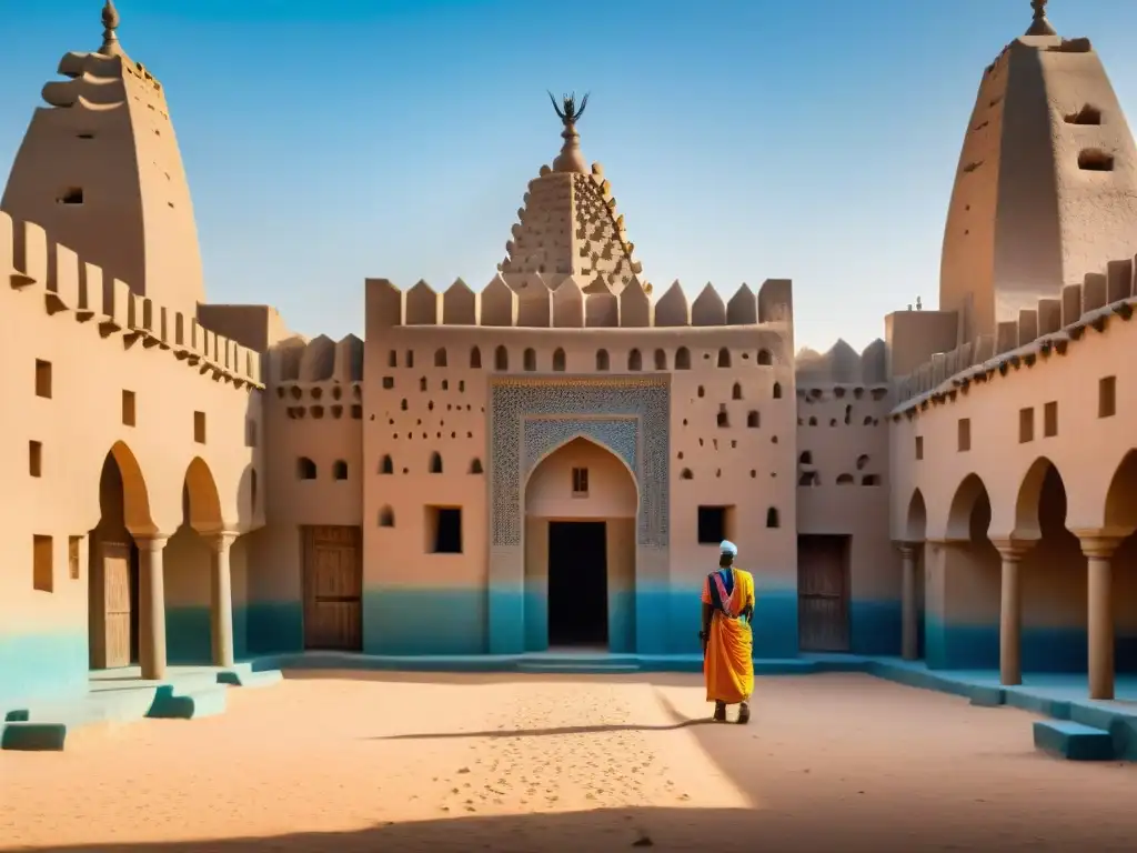 Detalle de la Gran Mezquita de Djenné en Mali, arquitectura inspirada en África bajo cielo azul vibrante