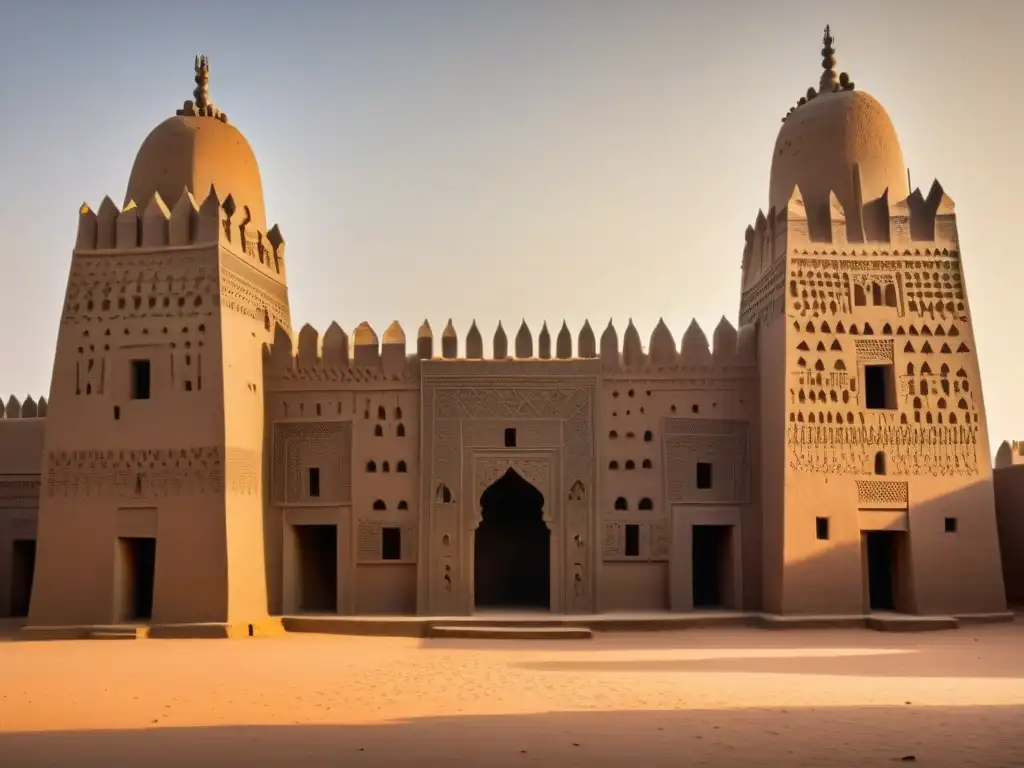 Detalle de la Gran Mezquita de Djenné en Mali, destacando la arquitectura de barro y la riqueza cultural del lugar