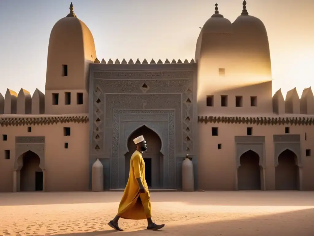 Detalle de la Gran Mezquita de Djenné en Mali al atardecer, reflejando la influencia de la arquitectura africana en el diseño global